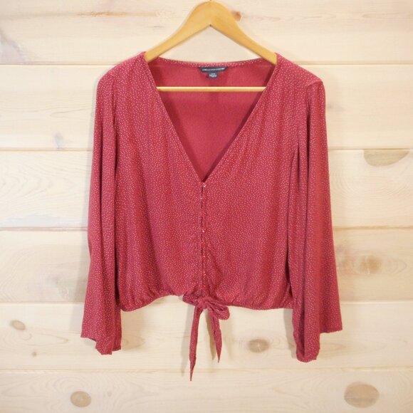 American Eagle Size L Blouse Micro-Dot Print Tie-Front V-neck Crop Bell Sleeve - Picture 1 of 13
